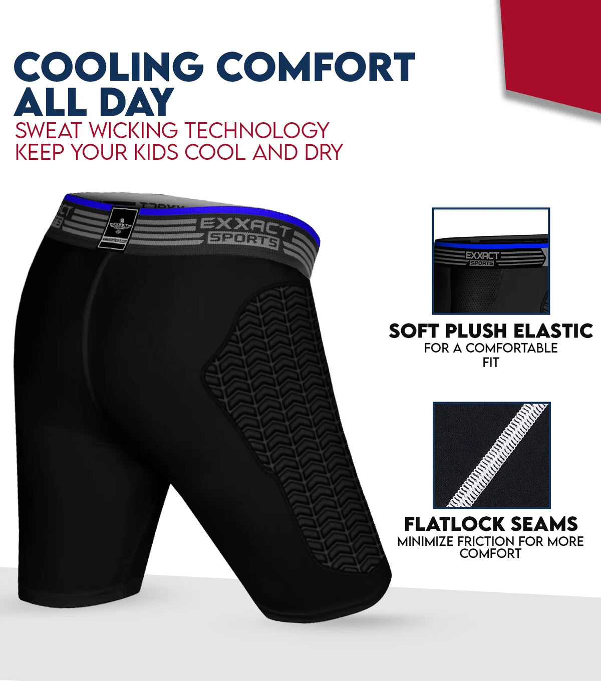 Exxact Sports Boys Padded Compression Sliding Shorts with Soft Athletic Cup - Black