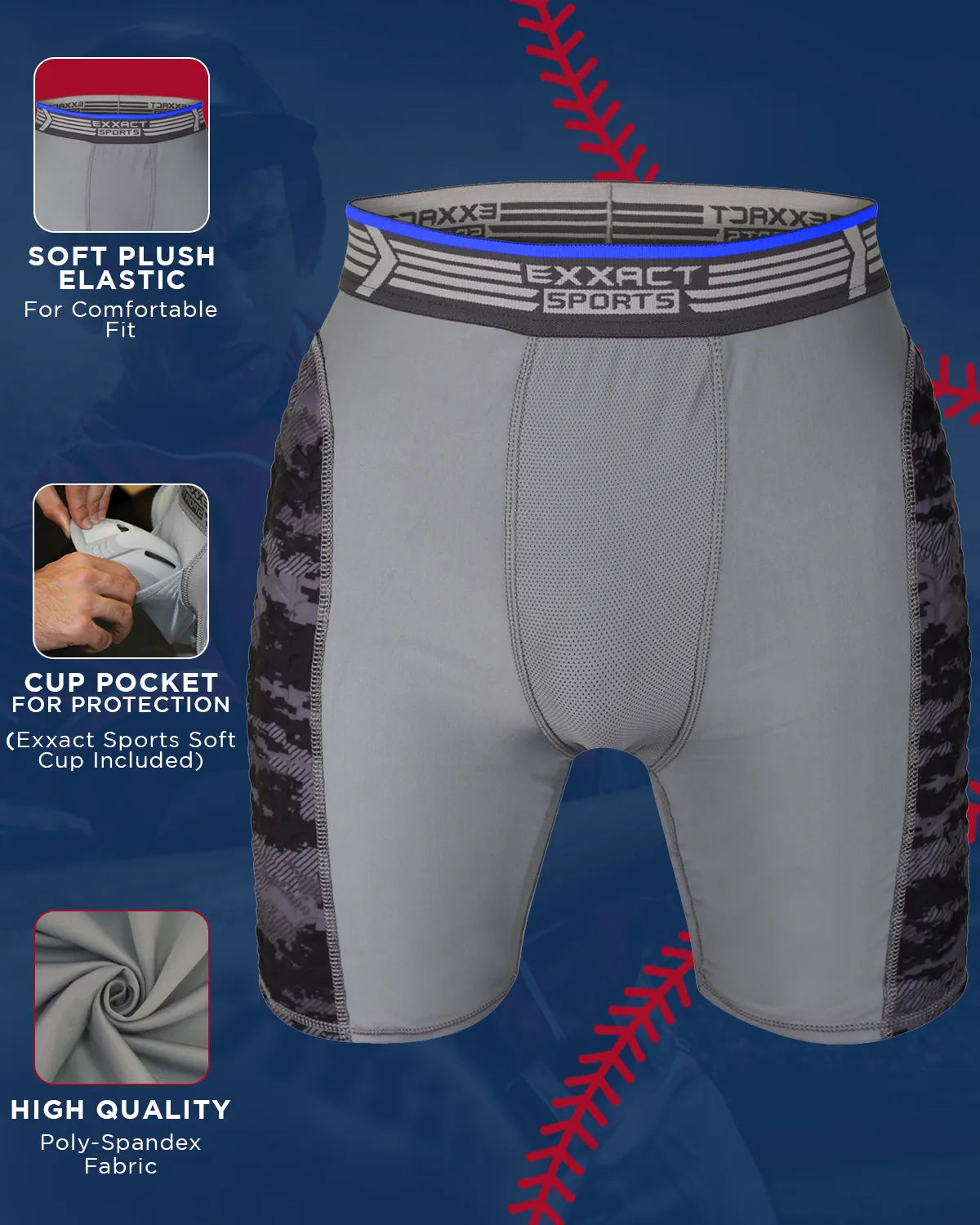 Exxact Sports Boys Padded Compression Sliding Shorts with Soft Athletic Cup - Gray Black - Small