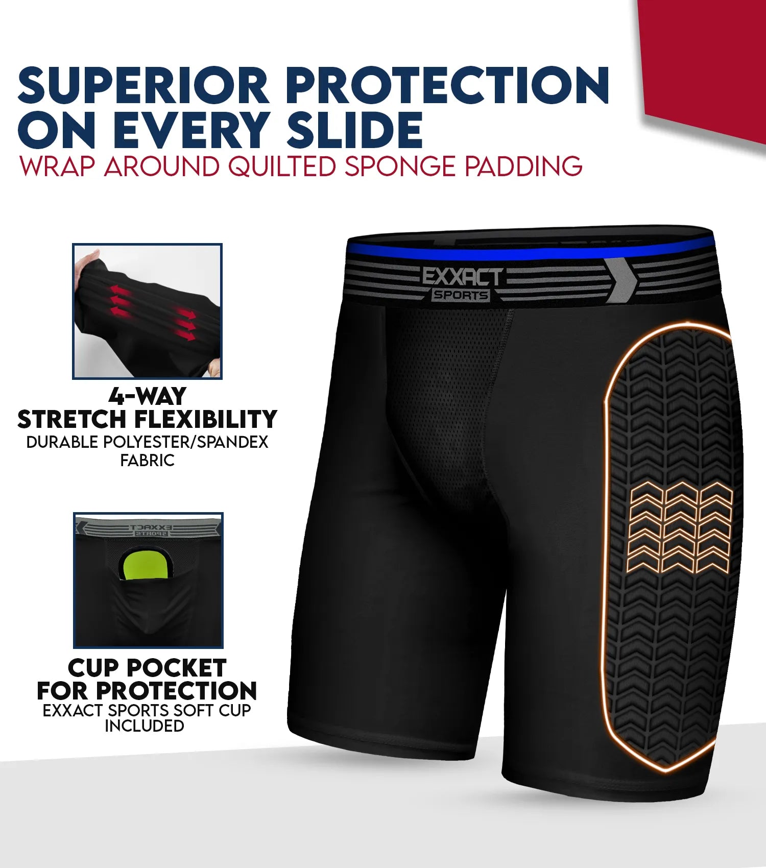 Exxact Sports Boys Padded Compression Sliding Shorts with Soft Athletic Cup - Black