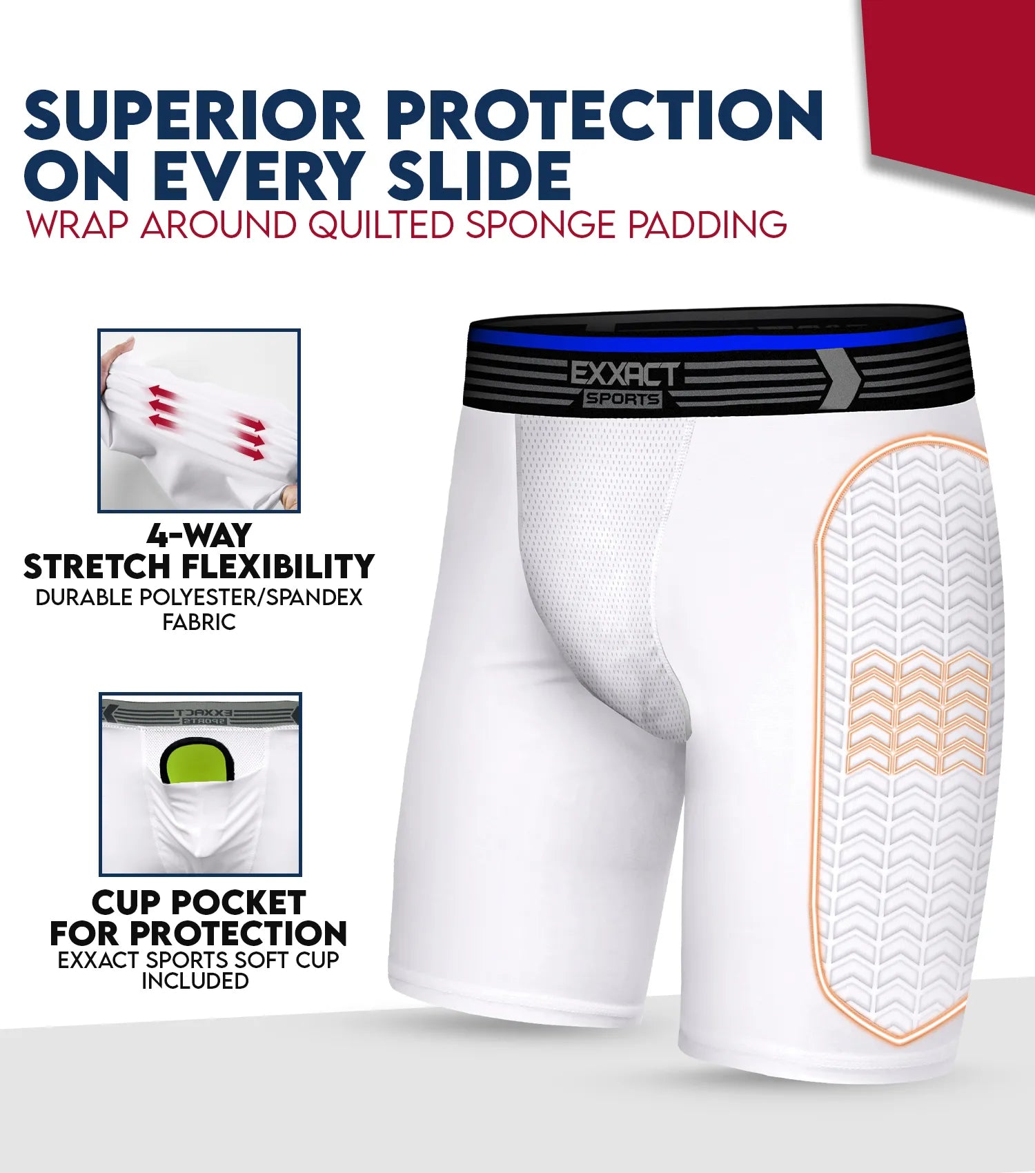 Exxact Sports Boys Padded Compression Sliding Shorts with Soft Athletic Cup - White