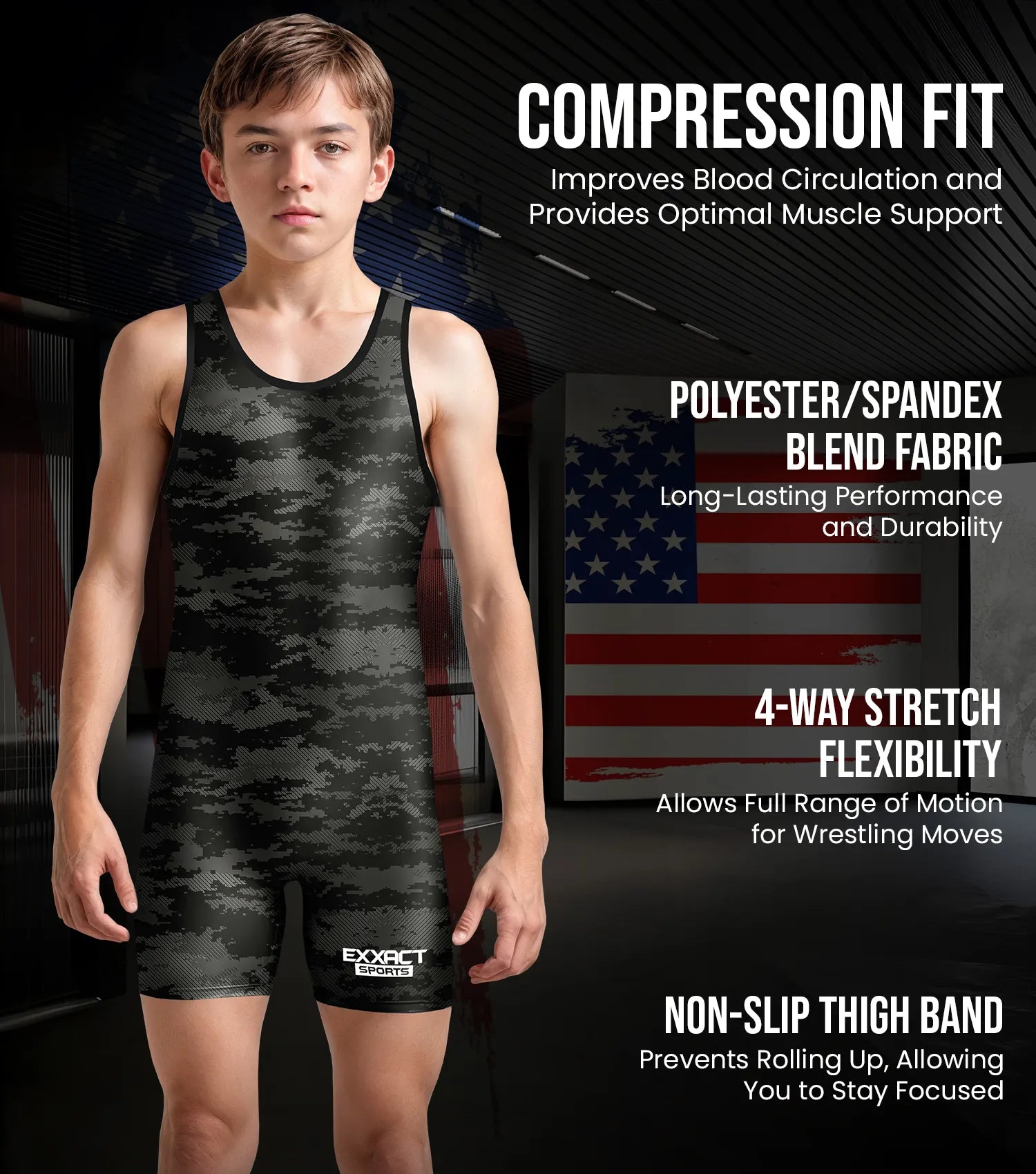 Exxact Sports Boys Youth Camouflage Wrestling Singlets - Black Camo