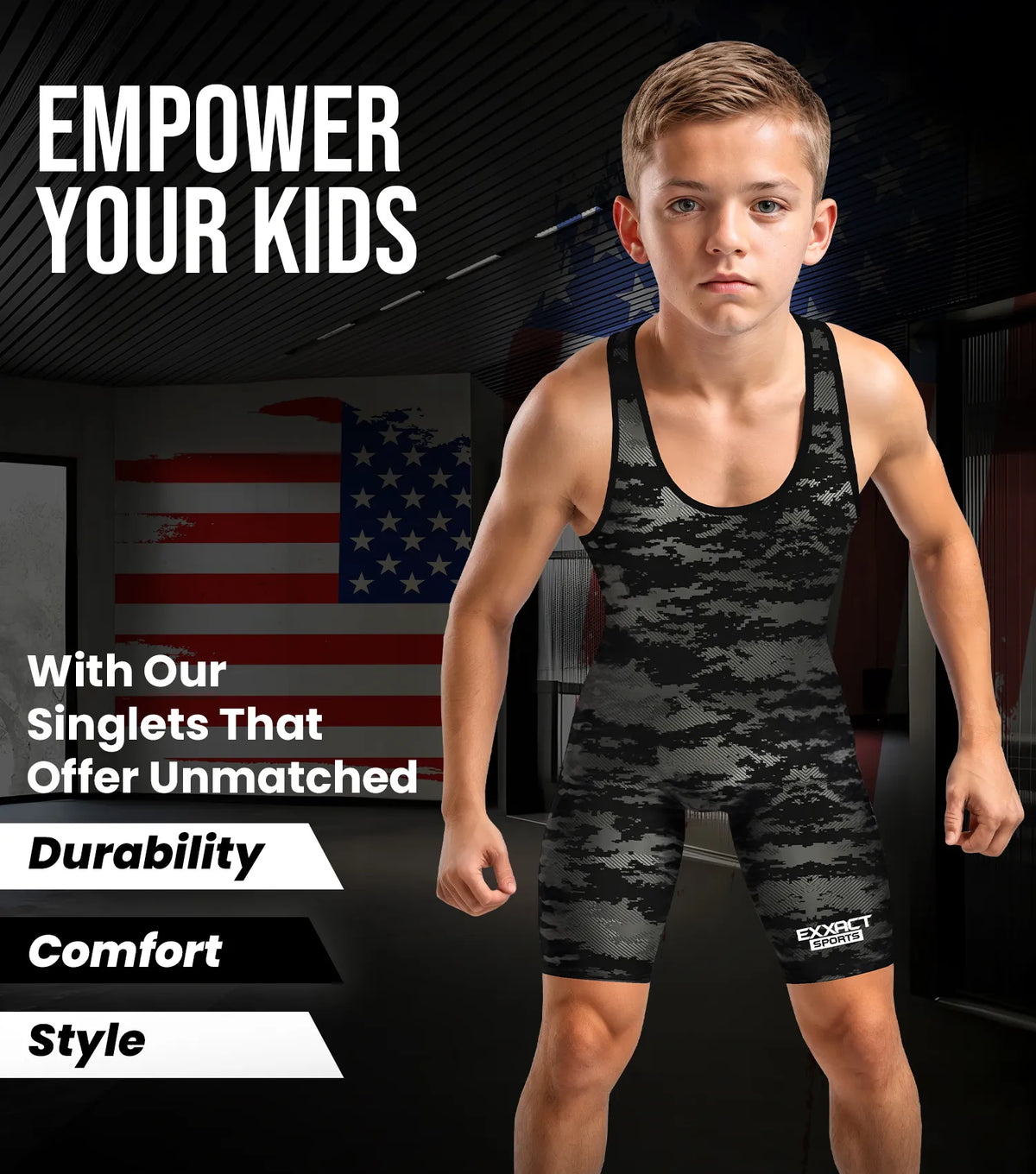 Exxact Sports Boys Youth Camouflage Wrestling Singlets - Black Camo