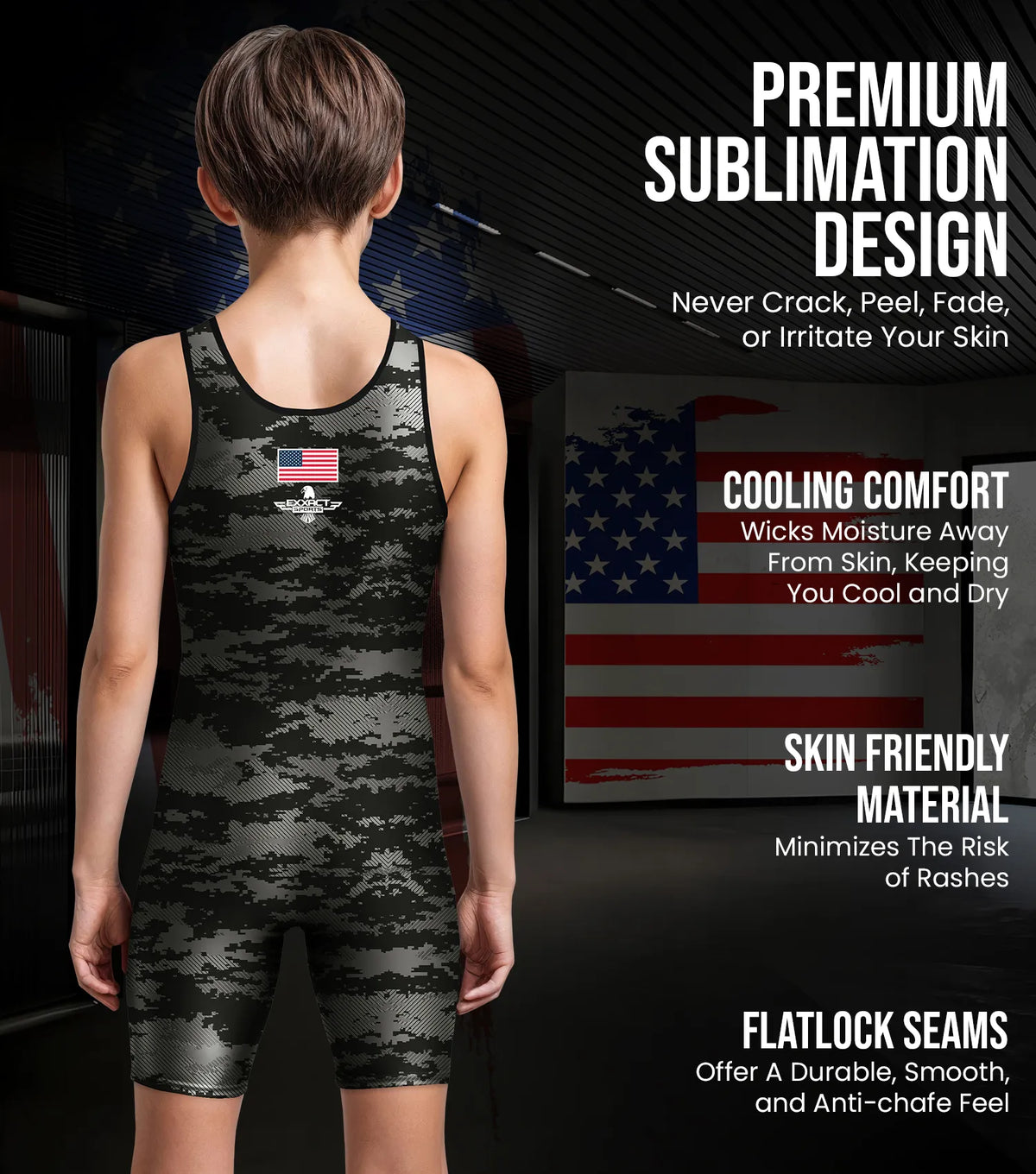 Exxact Sports Boys Youth Camouflage Wrestling Singlets - Black Camo