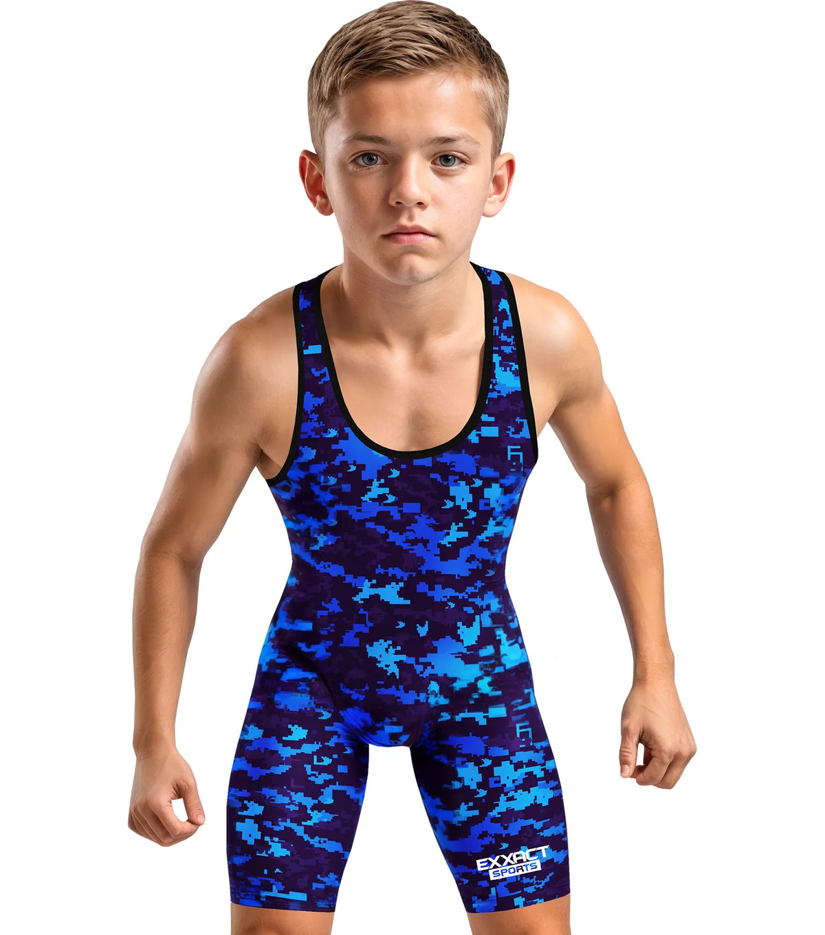 Exxact Sports Boys Youth Camouflage Wrestling Singlets - Blue Camo