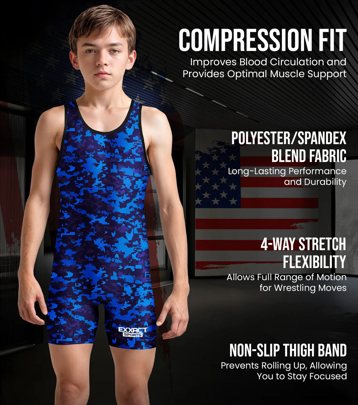 Exxact Sports Boys Youth Camouflage Wrestling Singlets - Blue Camo