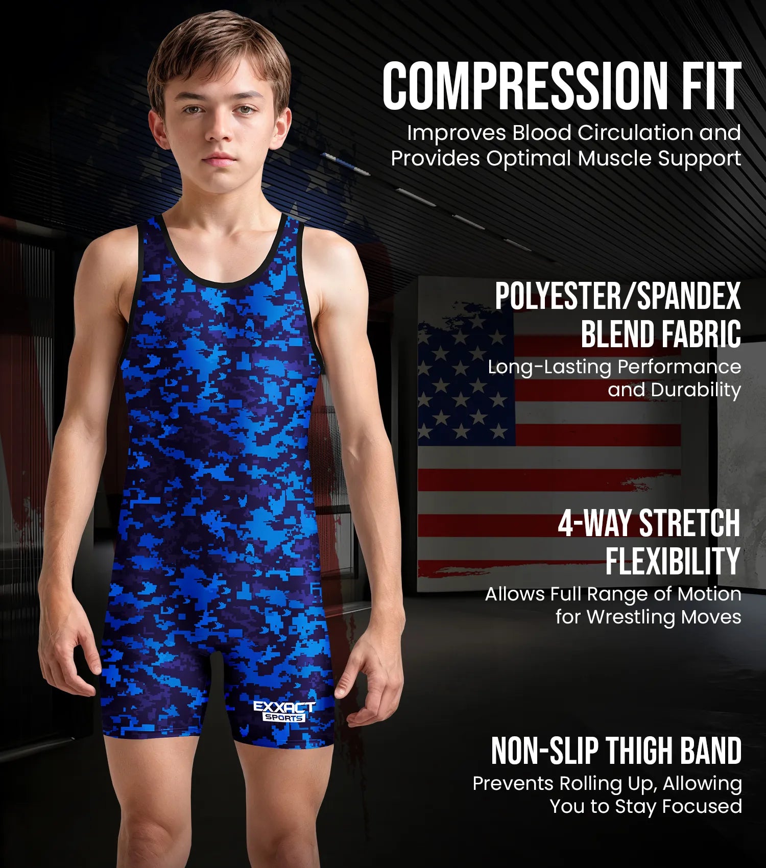 Exxact Sports Boys Youth Camouflage Wrestling Singlets - Blue Camo