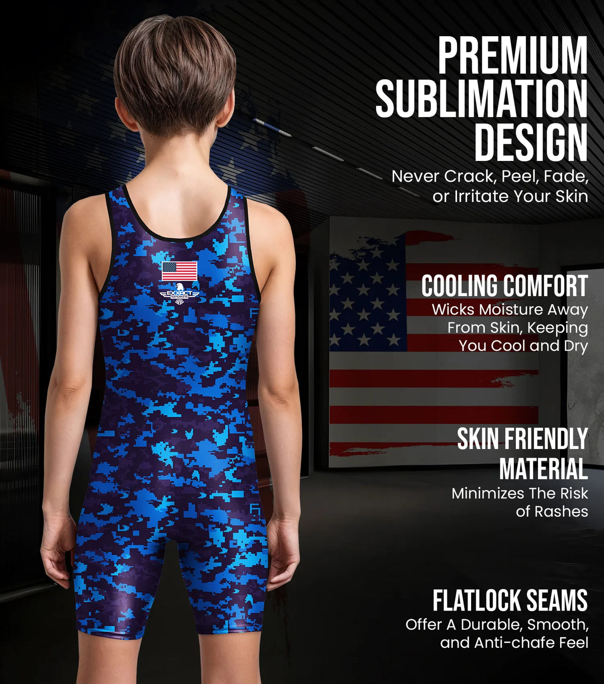 Exxact Sports Boys Youth Camouflage Wrestling Singlets - Blue Camo