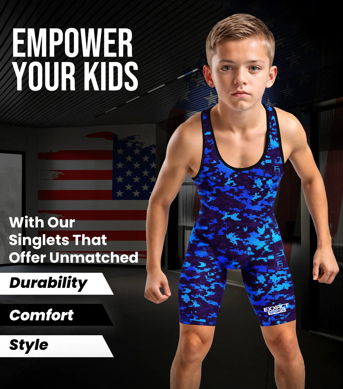 Exxact Sports Boys Youth Camouflage Wrestling Singlets - Blue Camo