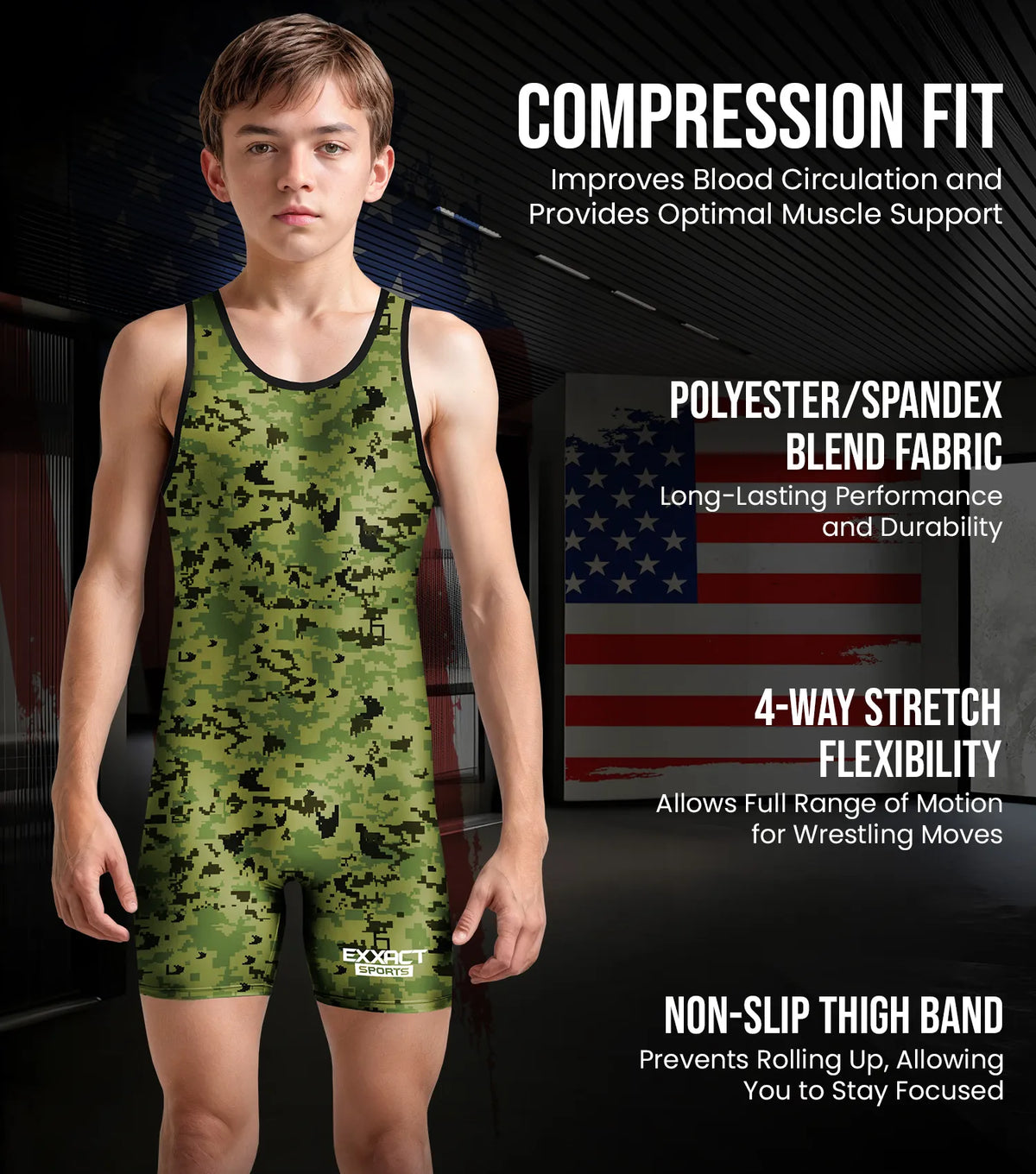Exxact Sports Boys Youth Camouflage Wrestling Singlets - Green Camo