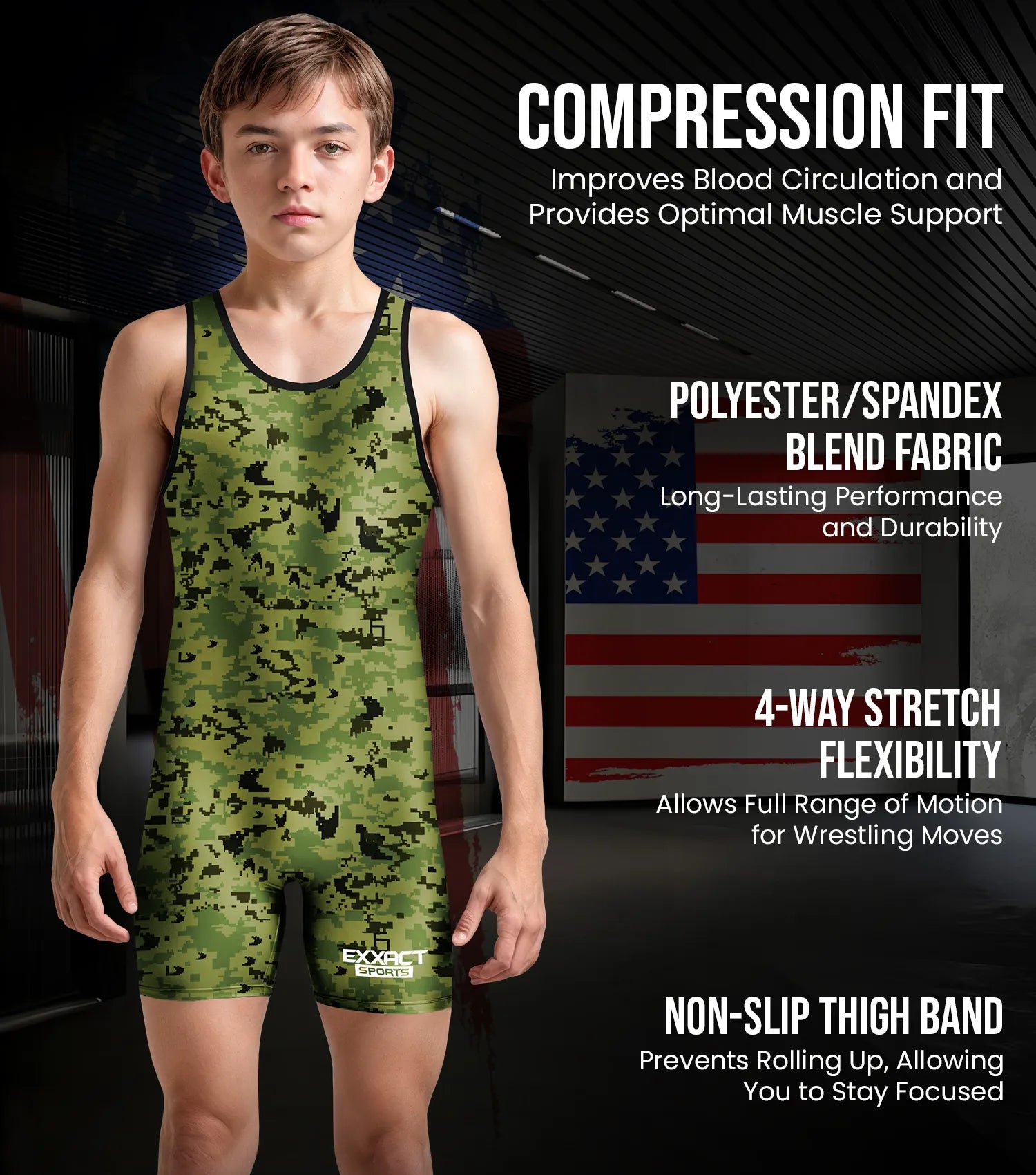 Exxact Sports Boys Youth Camouflage Wrestling Singlets - Green Camo