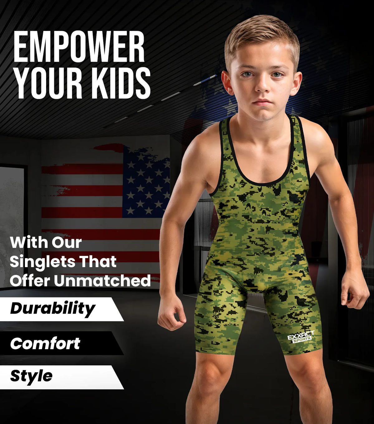 Exxact Sports Boys Youth Camouflage Wrestling Singlets - Green Camo