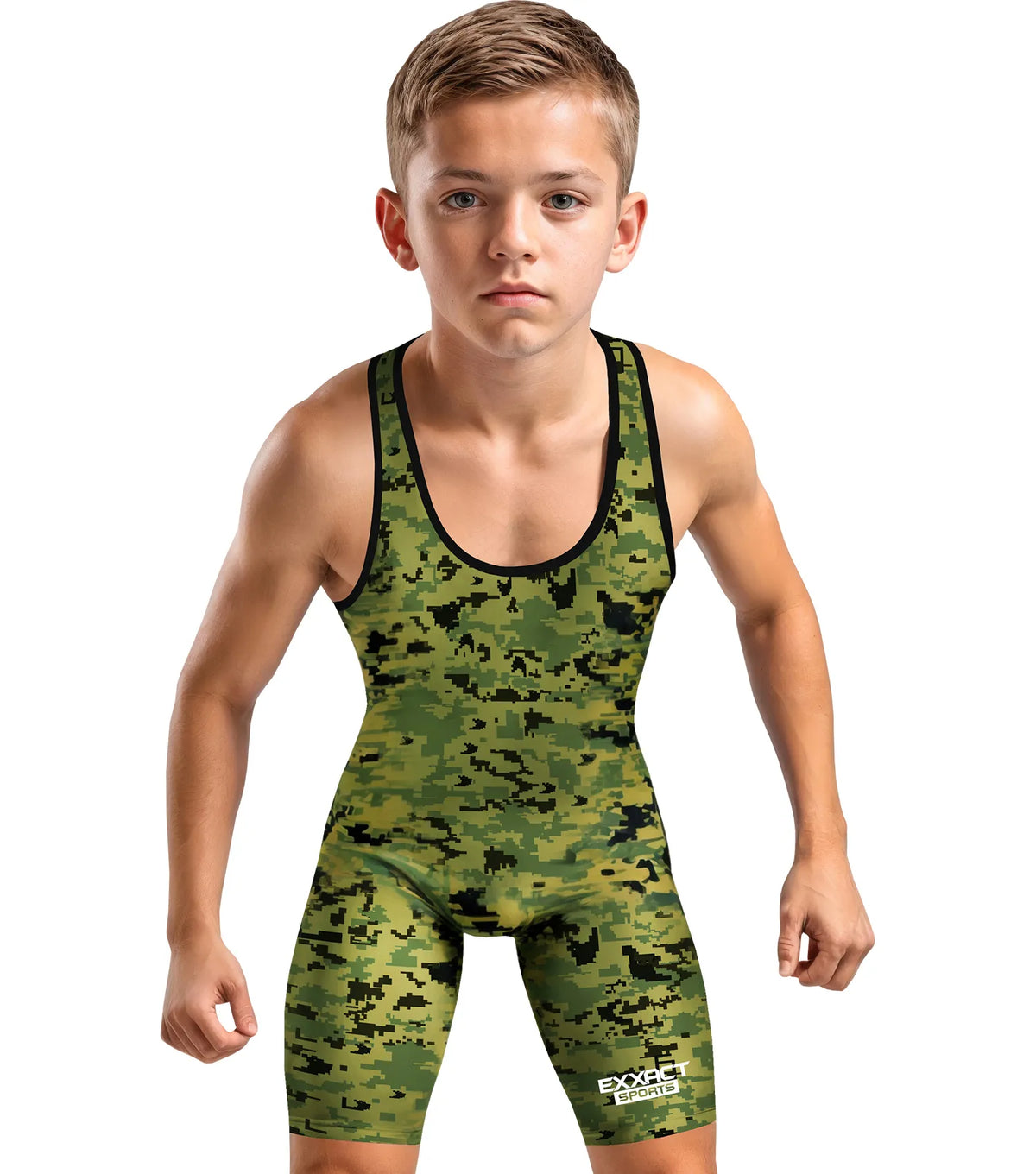 Exxact Sports Boys Youth Camouflage Wrestling Singlets - Green Camo