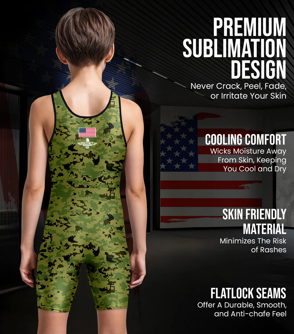 Exxact Sports Boys Youth Camouflage Wrestling Singlets - Green Camo