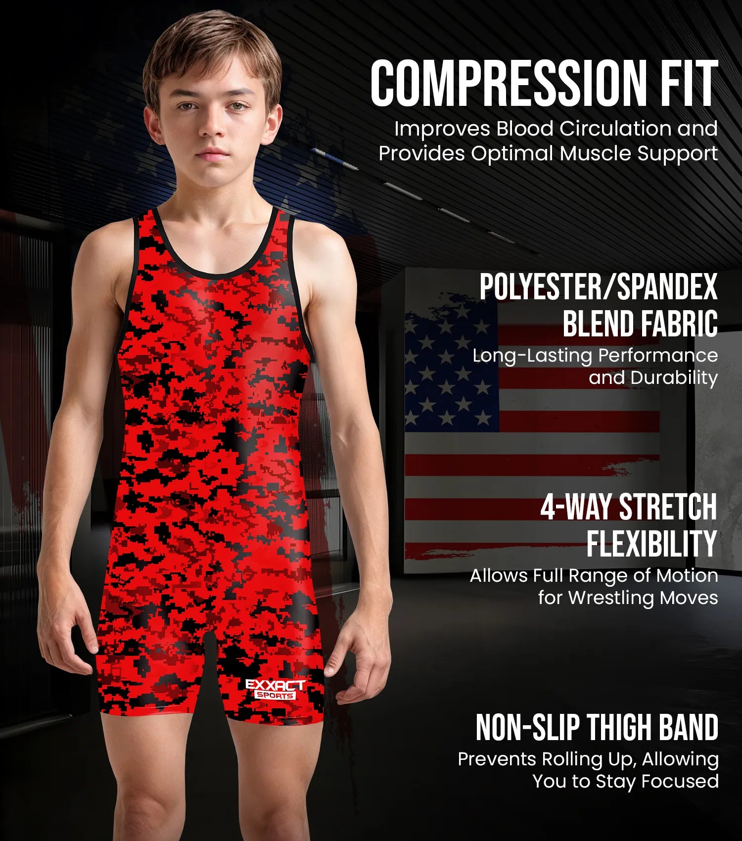 Exxact Sports Boys Youth Camouflage Wrestling Singlets - Red Camo