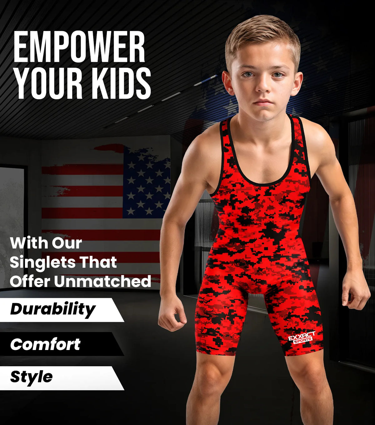 Exxact Sports Boys Youth Camouflage Wrestling Singlets - Red Camo