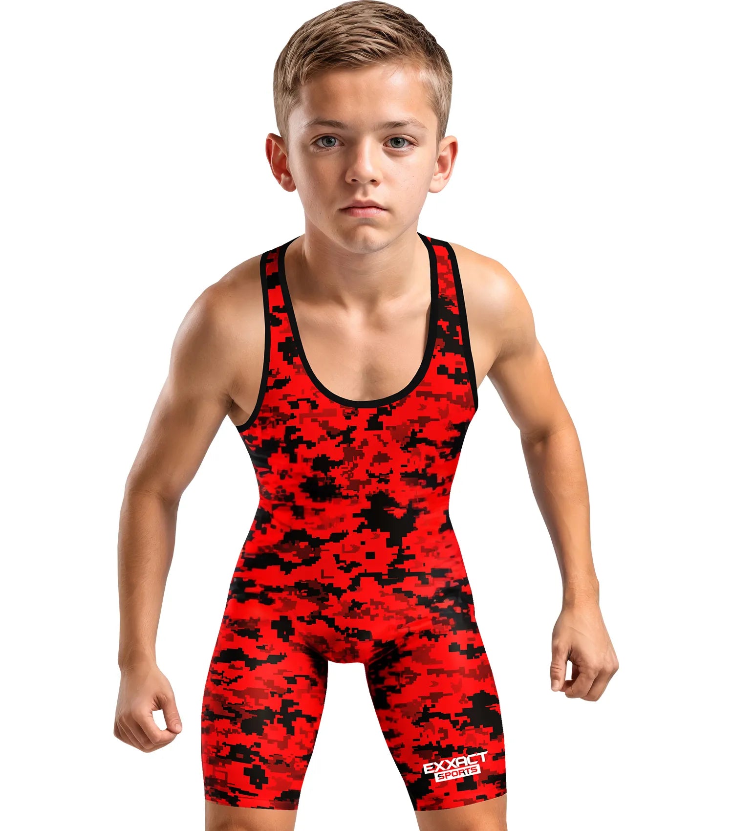 Exxact Sports Boys Youth Camouflage Wrestling Singlets - Red Camo