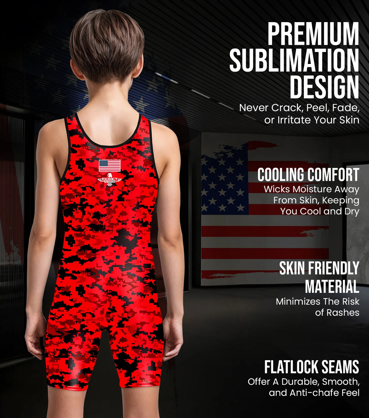 Exxact Sports Boys Youth Camouflage Wrestling Singlets - Red Camo