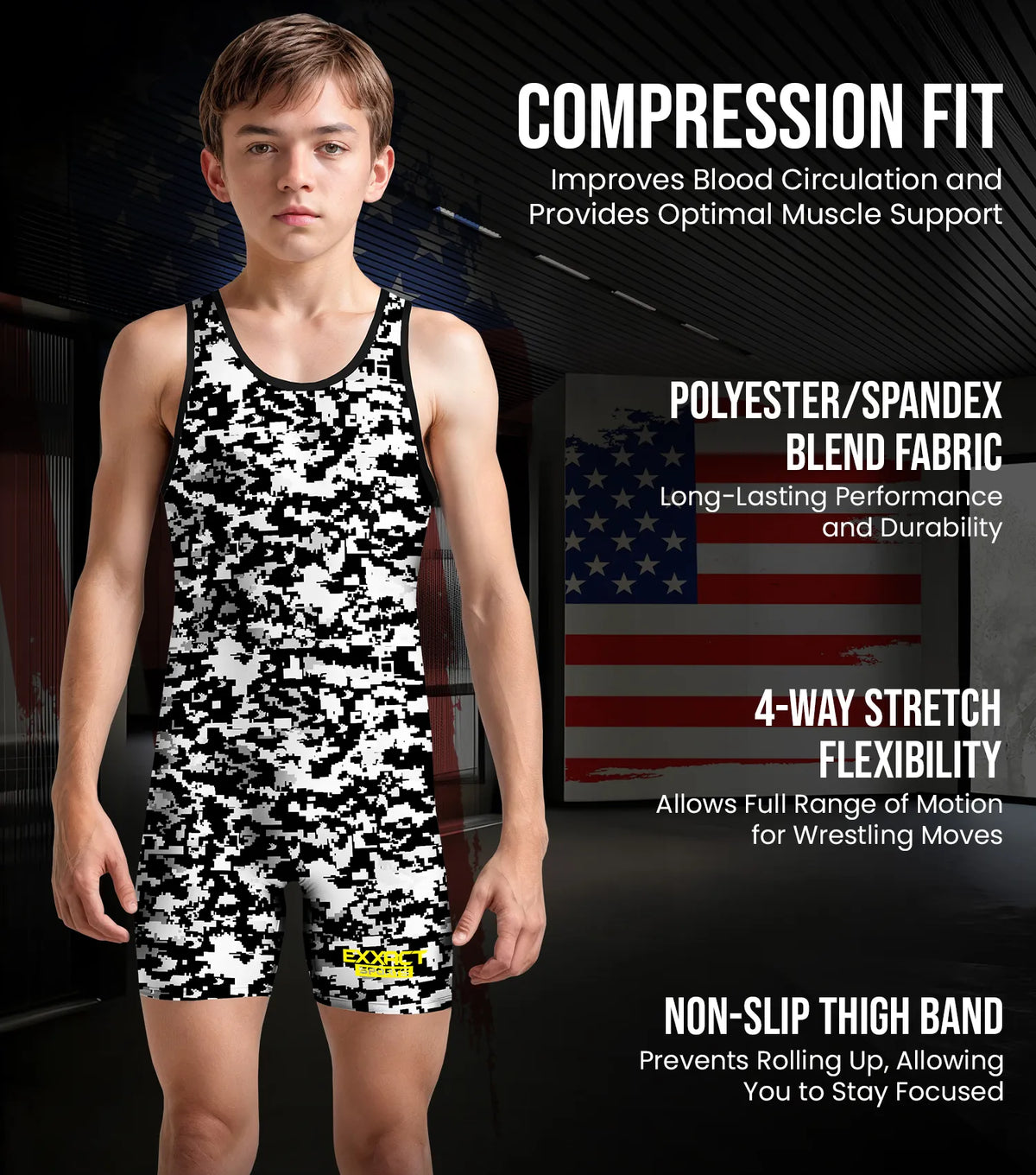 Exxact Sports Boys Youth Camouflage Wrestling Singlets - White & Black Camo