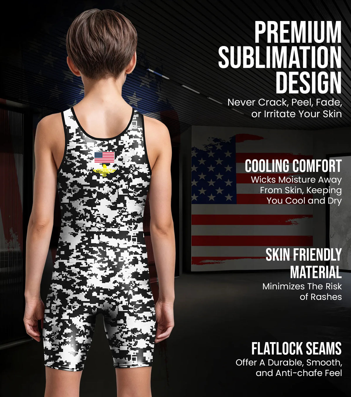 Exxact Sports Boys Youth Camouflage Wrestling Singlets - White & Black Camo