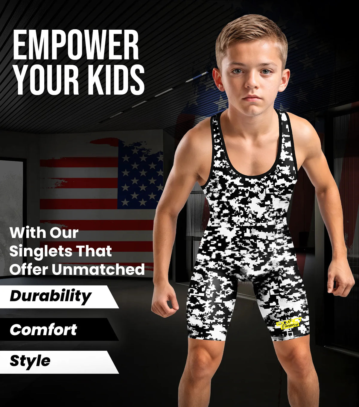 Exxact Sports Boys Youth Camouflage Wrestling Singlets - White & Black Camo