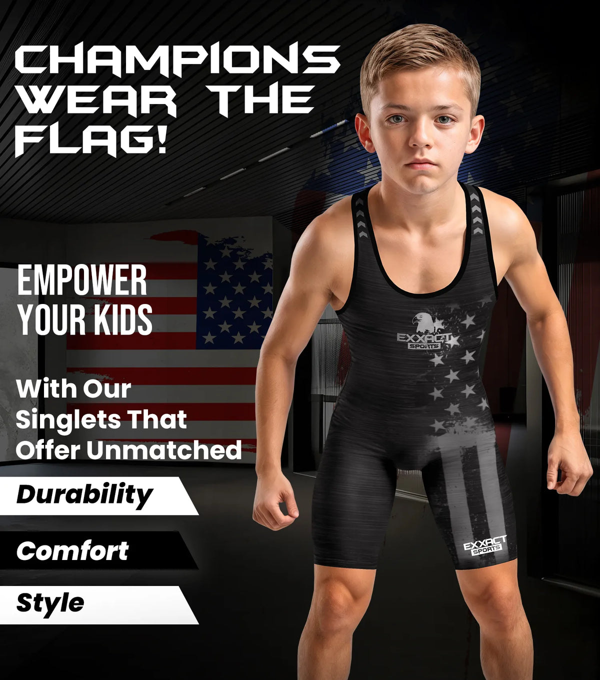 Exxact Sports Boys Youth Patriot Wrestling Singlets - Black