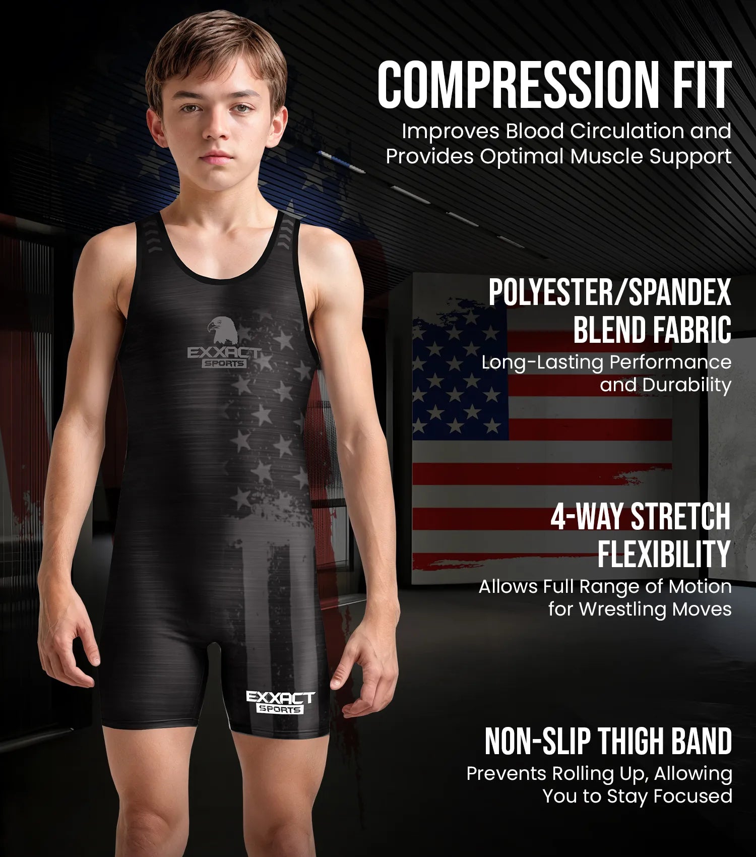 Exxact Sports Boys Youth Patriot Wrestling Singlets - Black