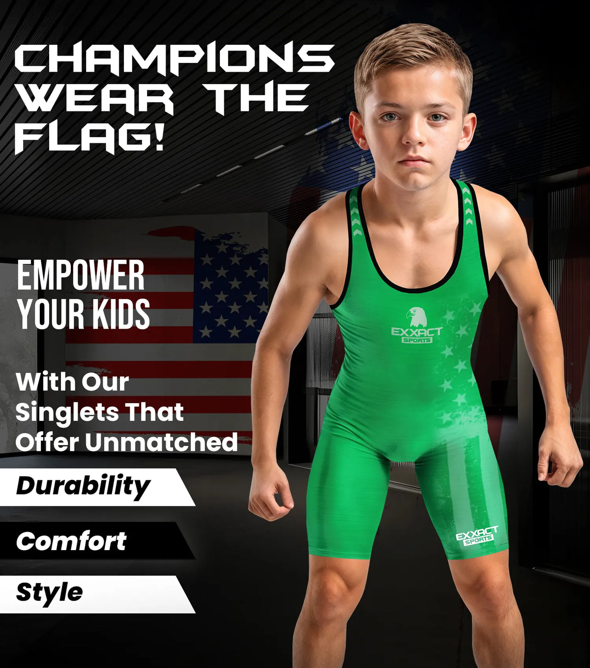 Exxact Sports Boys Youth Patriot Wrestling Singlets - Green