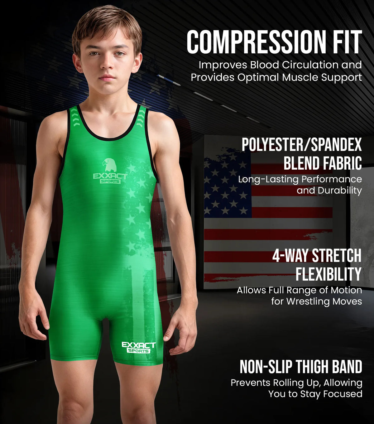 Exxact Sports Boys Youth Patriot Wrestling Singlets - Green