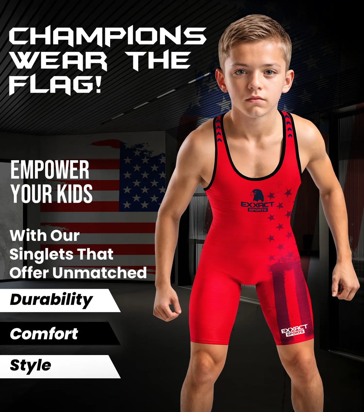 Exxact Sports Boys Youth Patriot Wrestling Singlets - Red