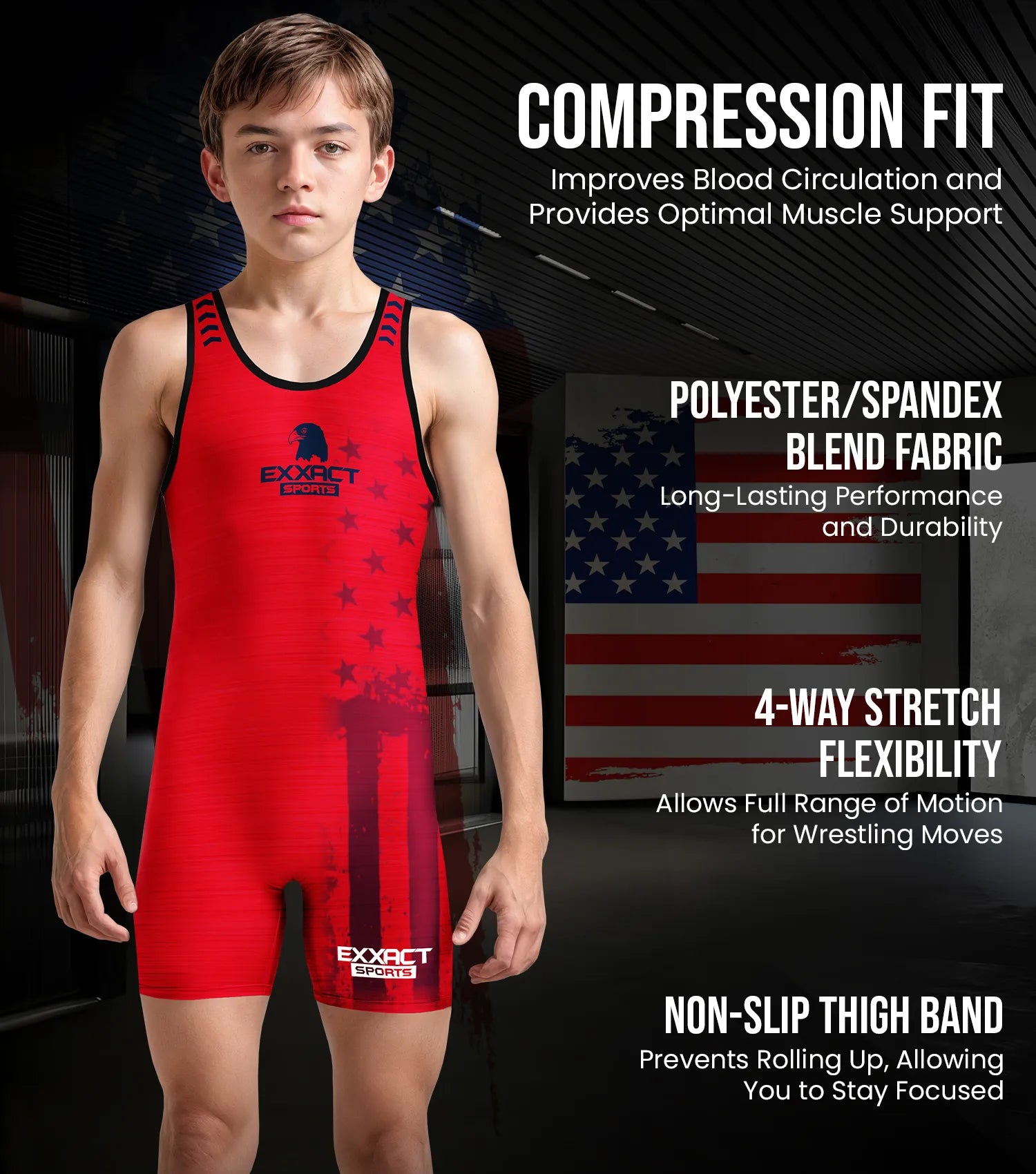 Exxact Sports Boys Youth Patriot Wrestling Singlets - Red