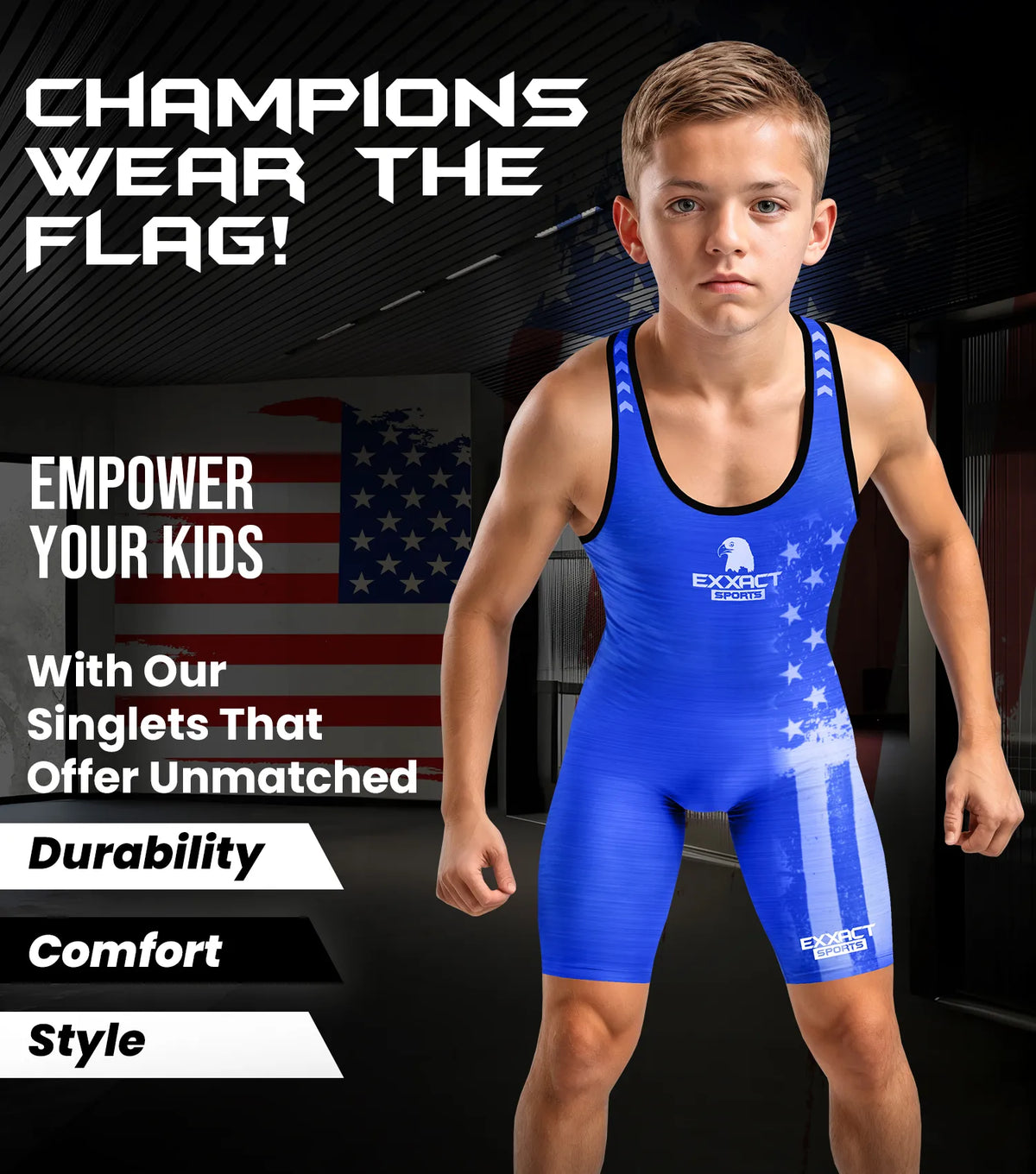 Exxact Sports Boys Youth Patriot Wrestling Singlets - Royal Blue