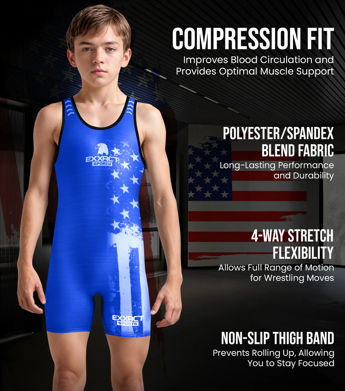 Exxact Sports Boys Youth Patriot Wrestling Singlets - Royal Blue