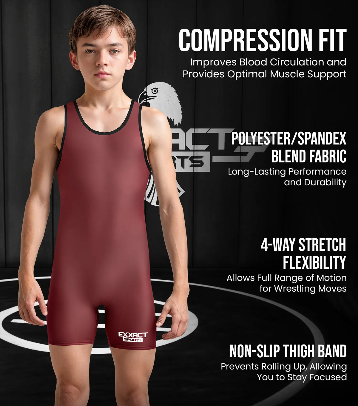 Exxact Sports Boys Youth Plain Wrestling Singlets Powerlifting Singlet - Maroon