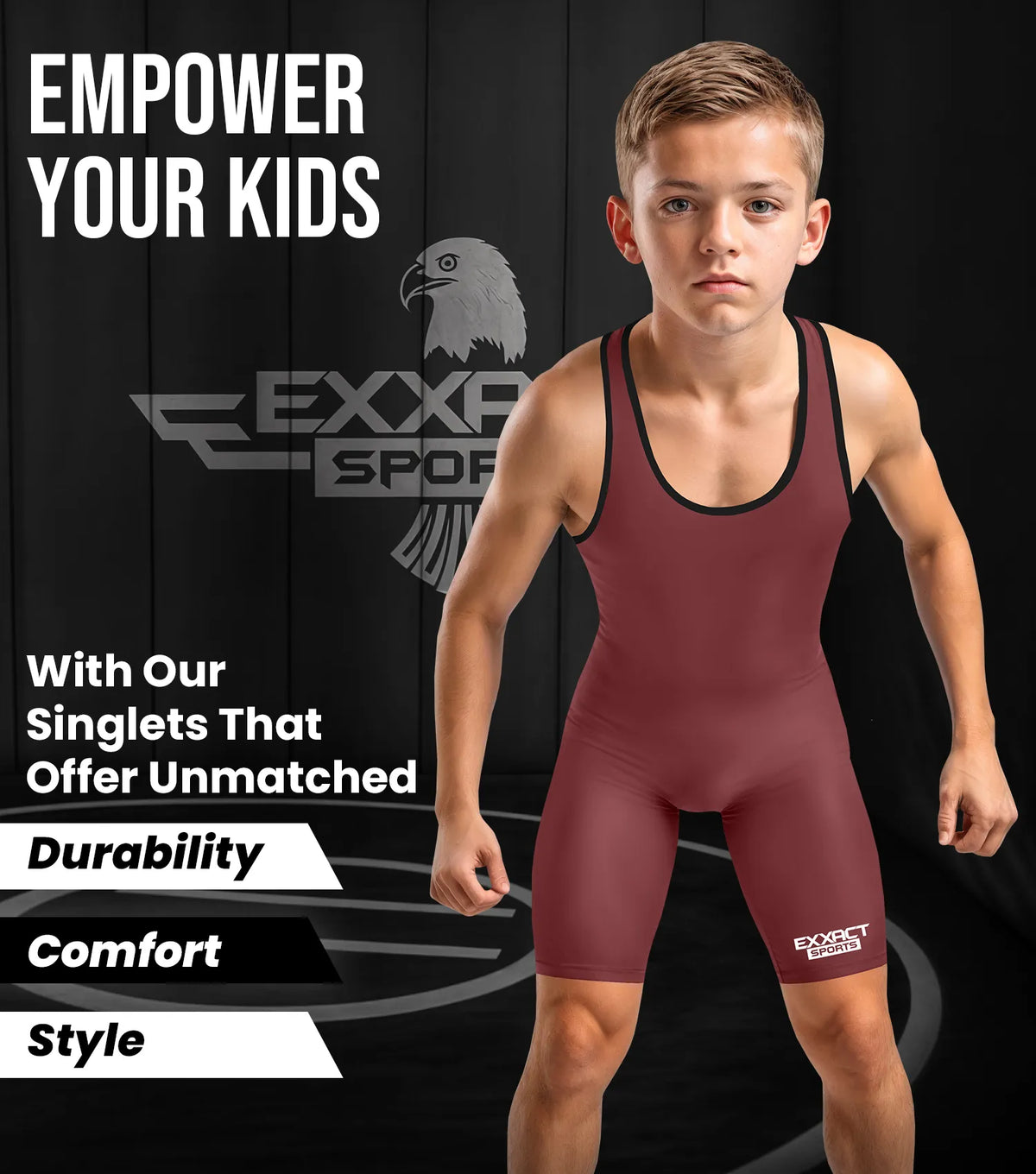Exxact Sports Boys Youth Plain Wrestling Singlets Powerlifting Singlet - Maroon