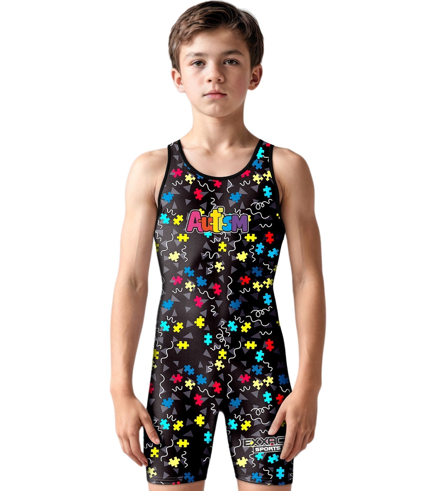 Exxact Sports Boys Youth Sublimated Wrestling Singlets - Autism