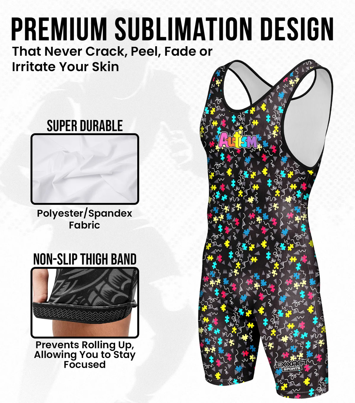 Exxact Sports Boys Youth Sublimated Wrestling Singlets - Autism