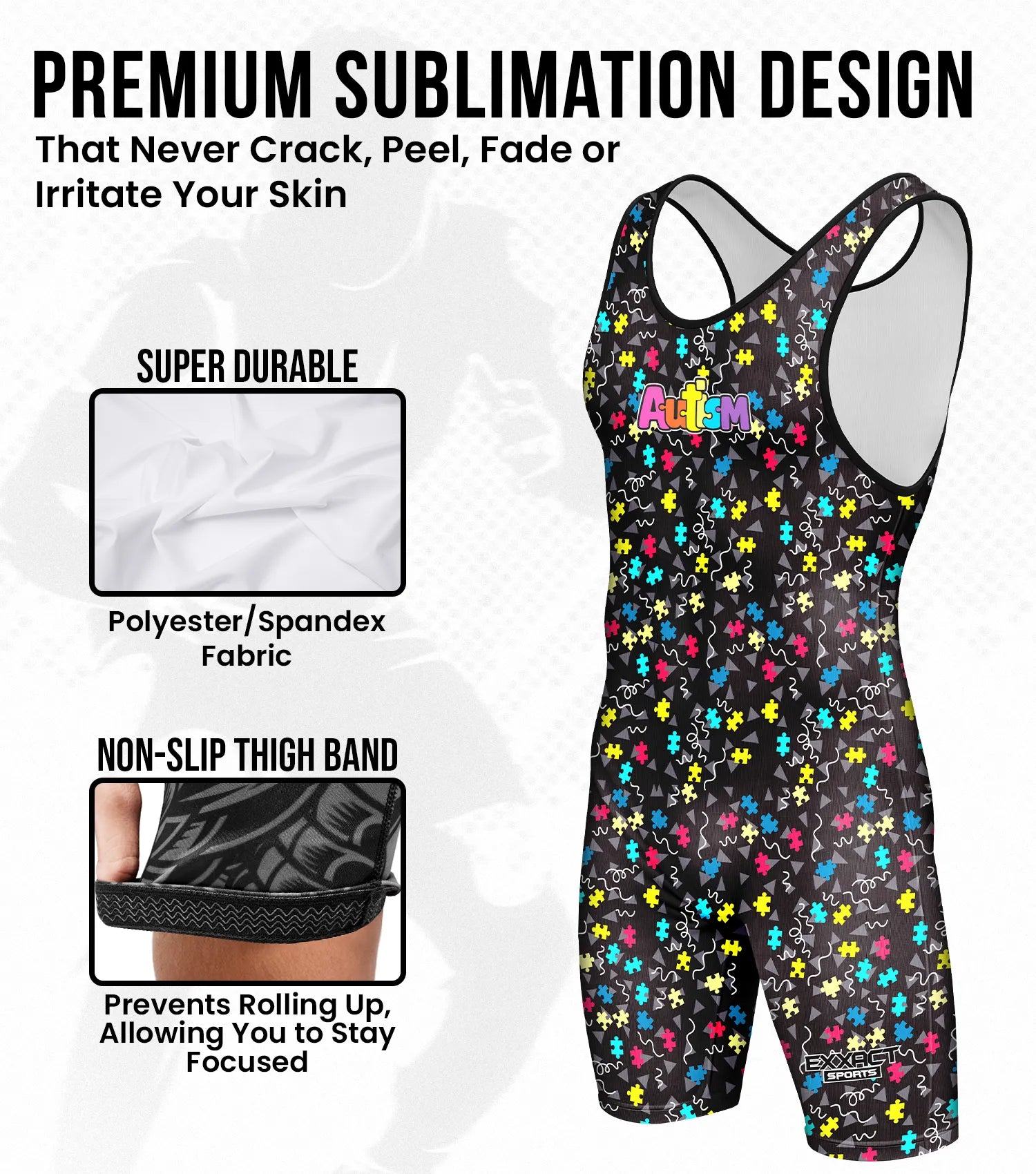 Exxact Sports Boys Youth Sublimated Wrestling Singlets - Autism