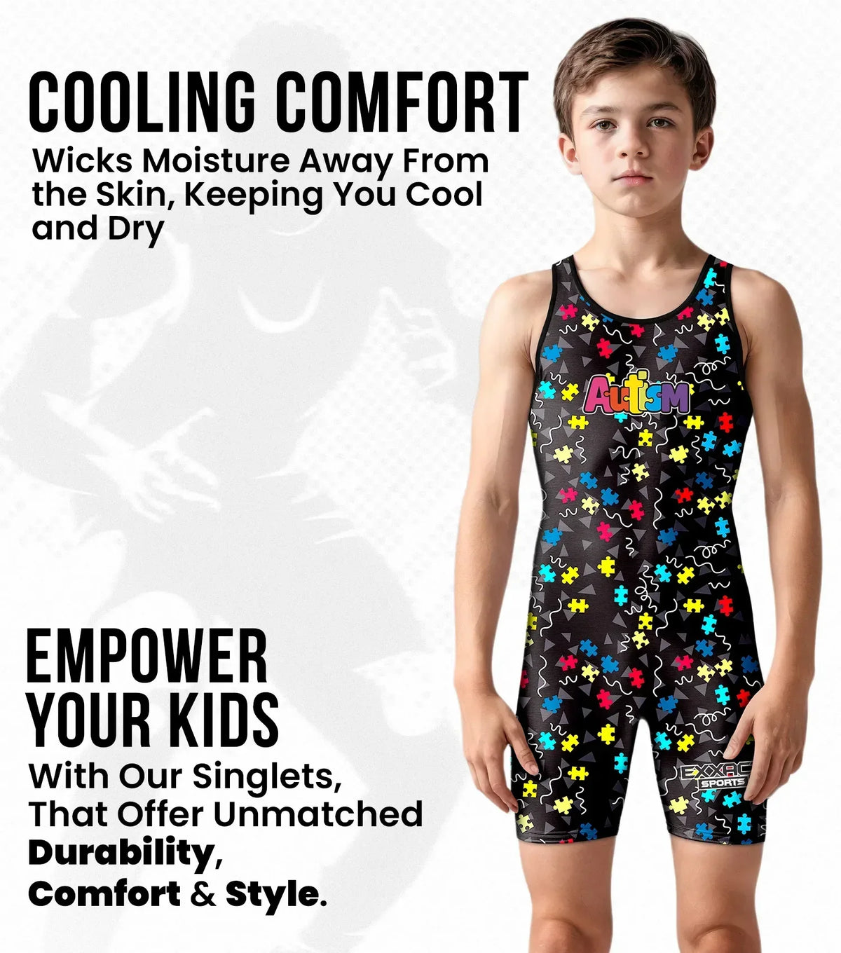 Exxact Sports Boys Youth Sublimated Wrestling Singlets - Autism