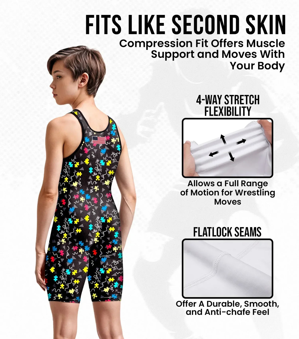 Exxact Sports Boys Youth Sublimated Wrestling Singlets - Autism