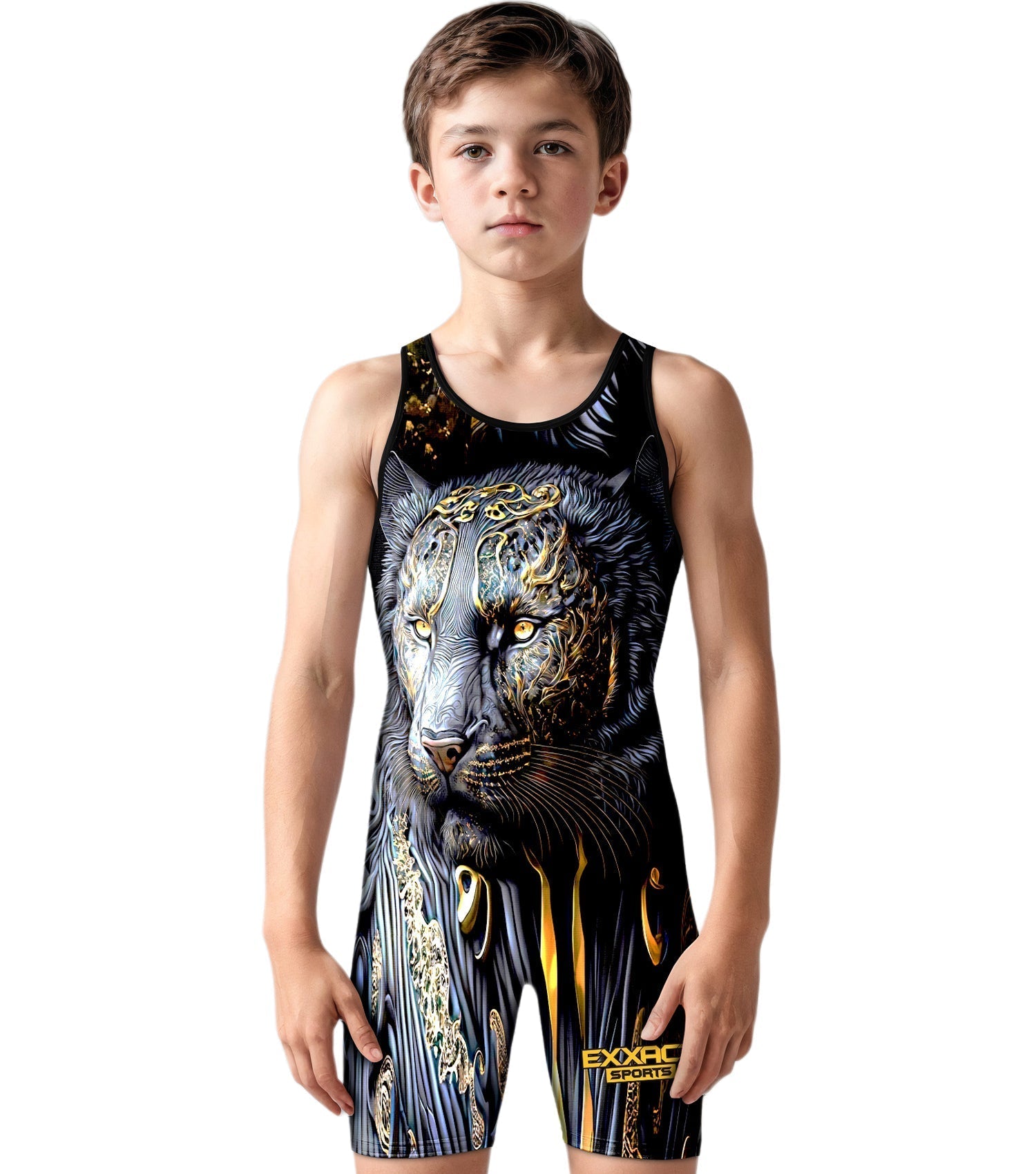 Exxact Sports Boys Youth Sublimated Wrestling Singlets - Black Lion