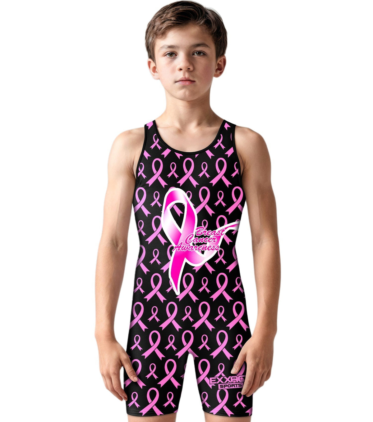 Exxact Sports Boys Youth Sublimated Wrestling Singlets - Breast Cancer