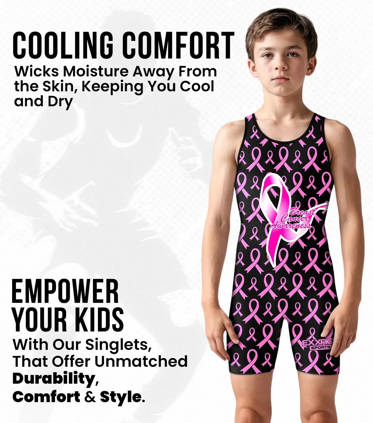 Exxact Sports Boys Youth Sublimated Wrestling Singlets - Breast Cancer