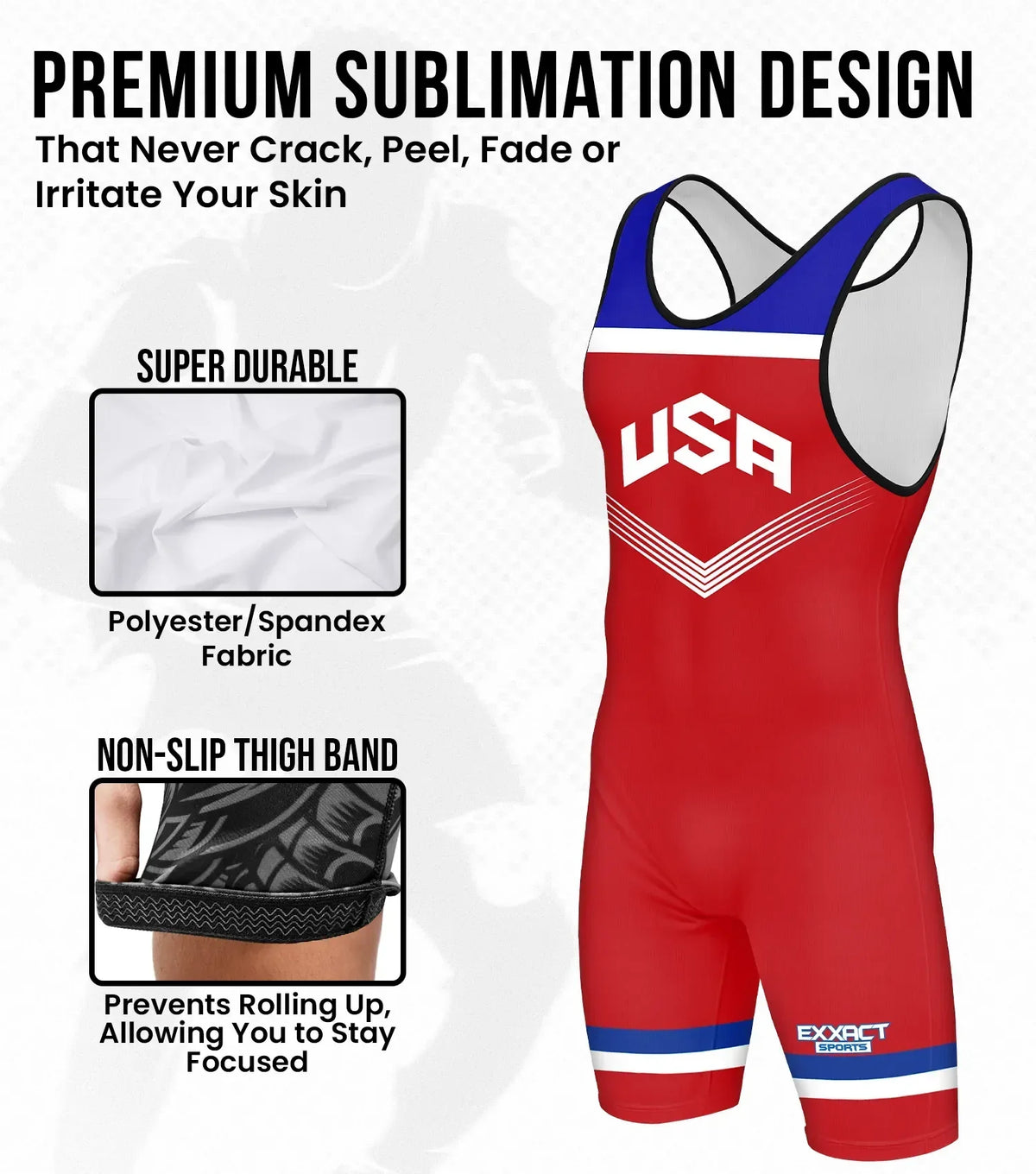 Exxact Sports Boys Youth Sublimated Wrestling Singlets - Red Usa