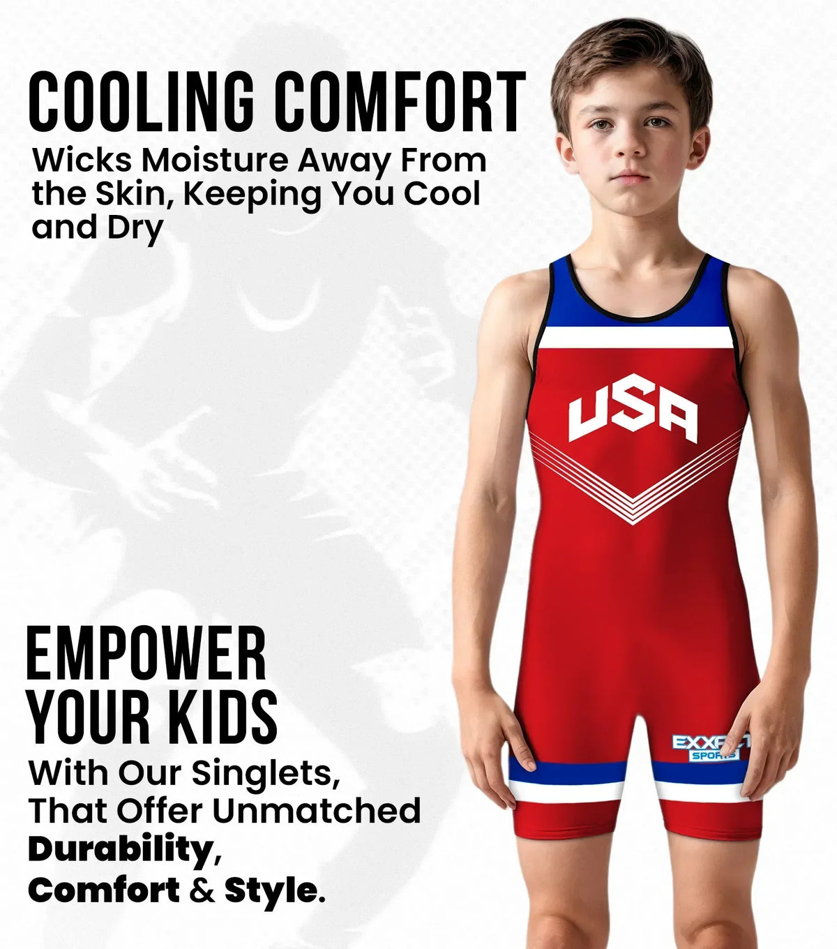 Exxact Sports Boys Youth Sublimated Wrestling Singlets - Red Usa