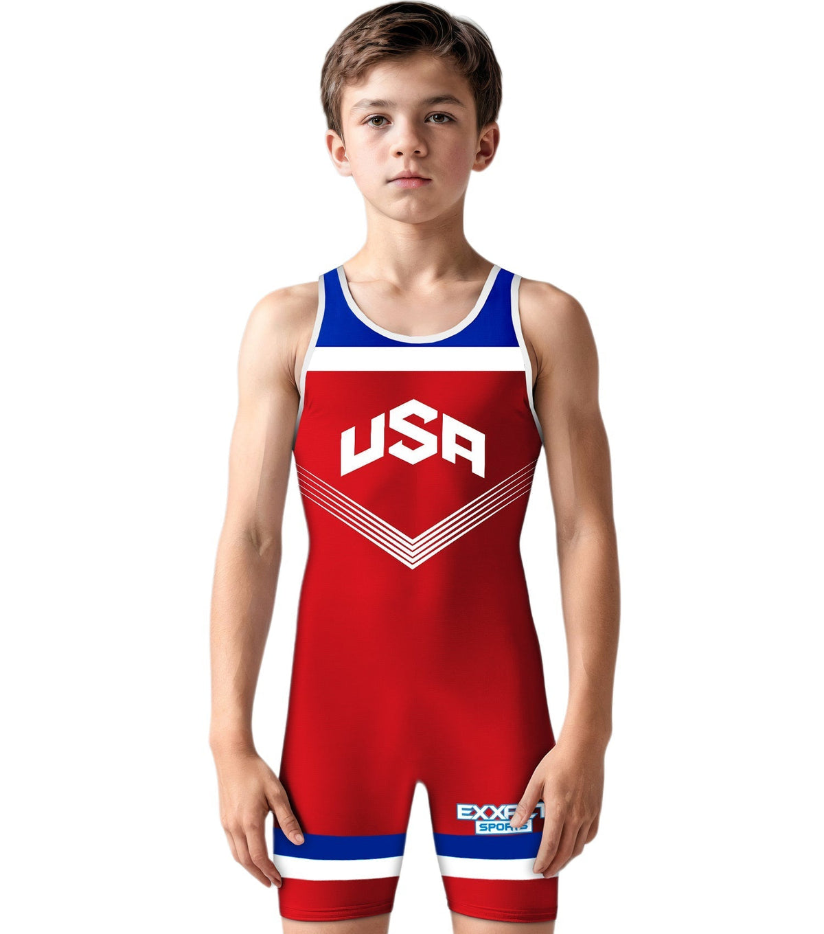 Exxact Sports Boys Youth Sublimated Wrestling Singlets - Red Usa