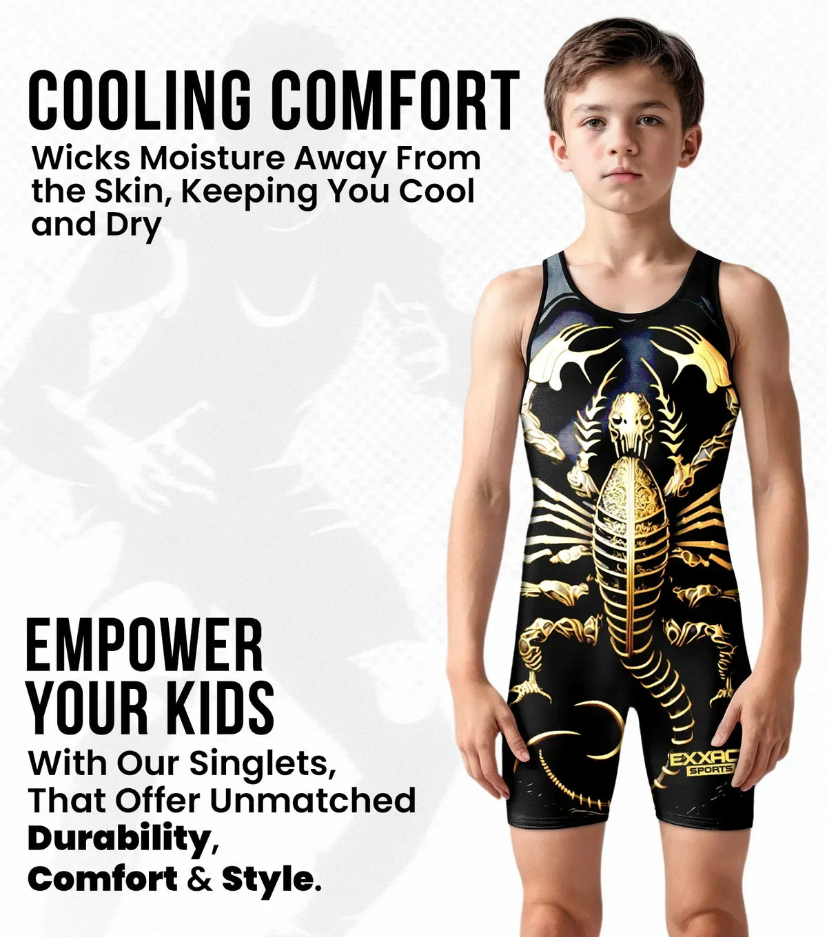 Exxact Sports Boys Youth Sublimated Wrestling Singlets - Scorpion