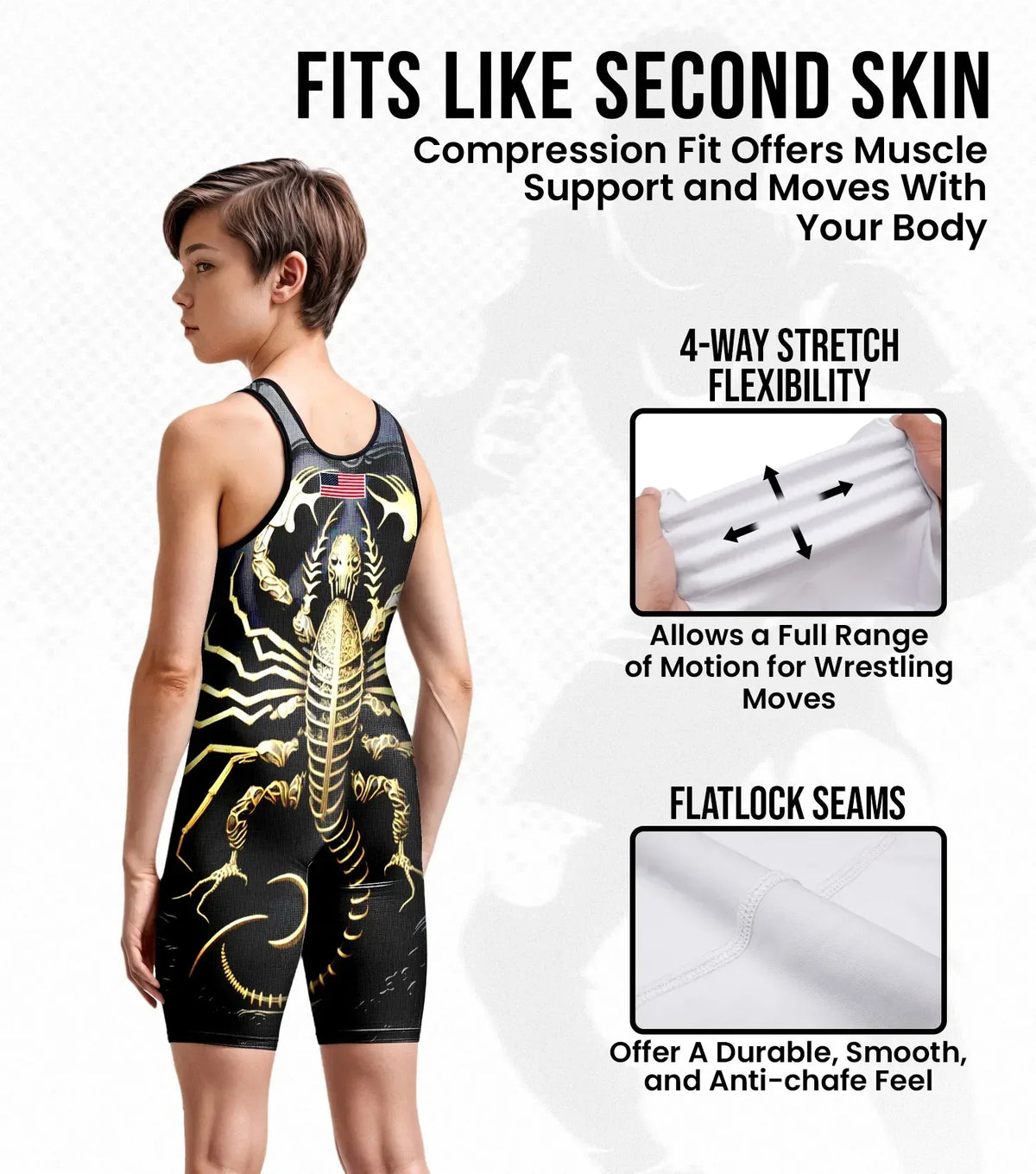 Exxact Sports Boys Youth Sublimated Wrestling Singlets - Scorpion