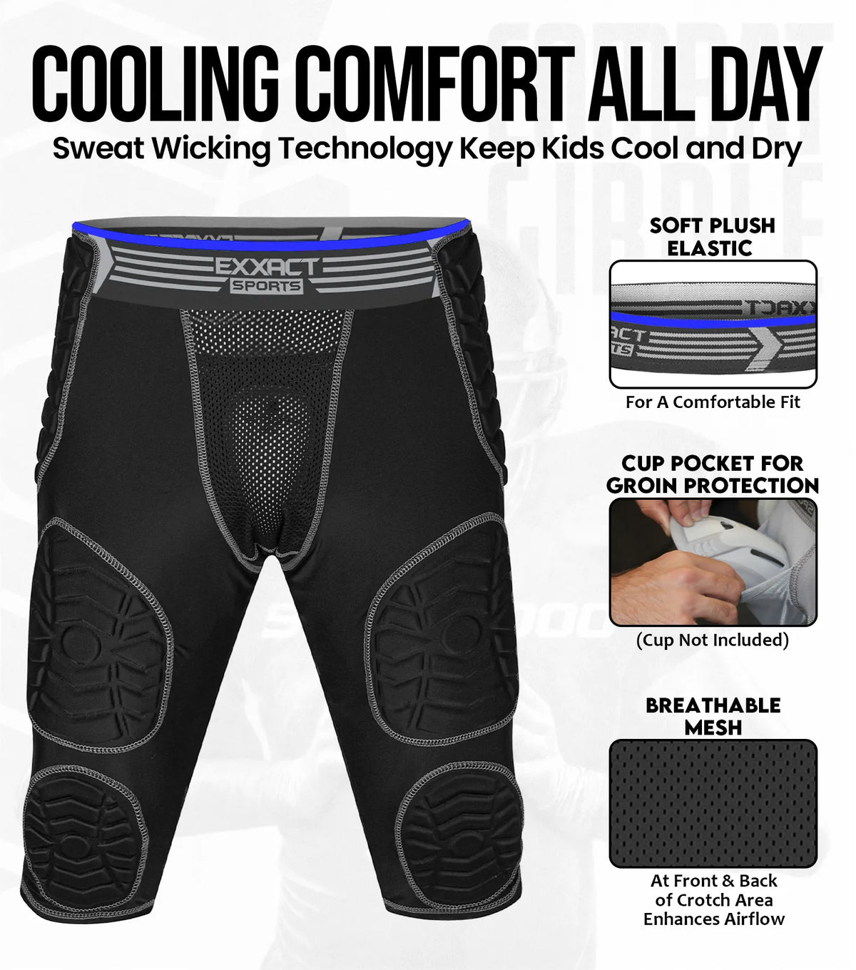 Exxact Sports Combat 7 Pads Boys Football Girdle with Cup Pocke Youth - Black