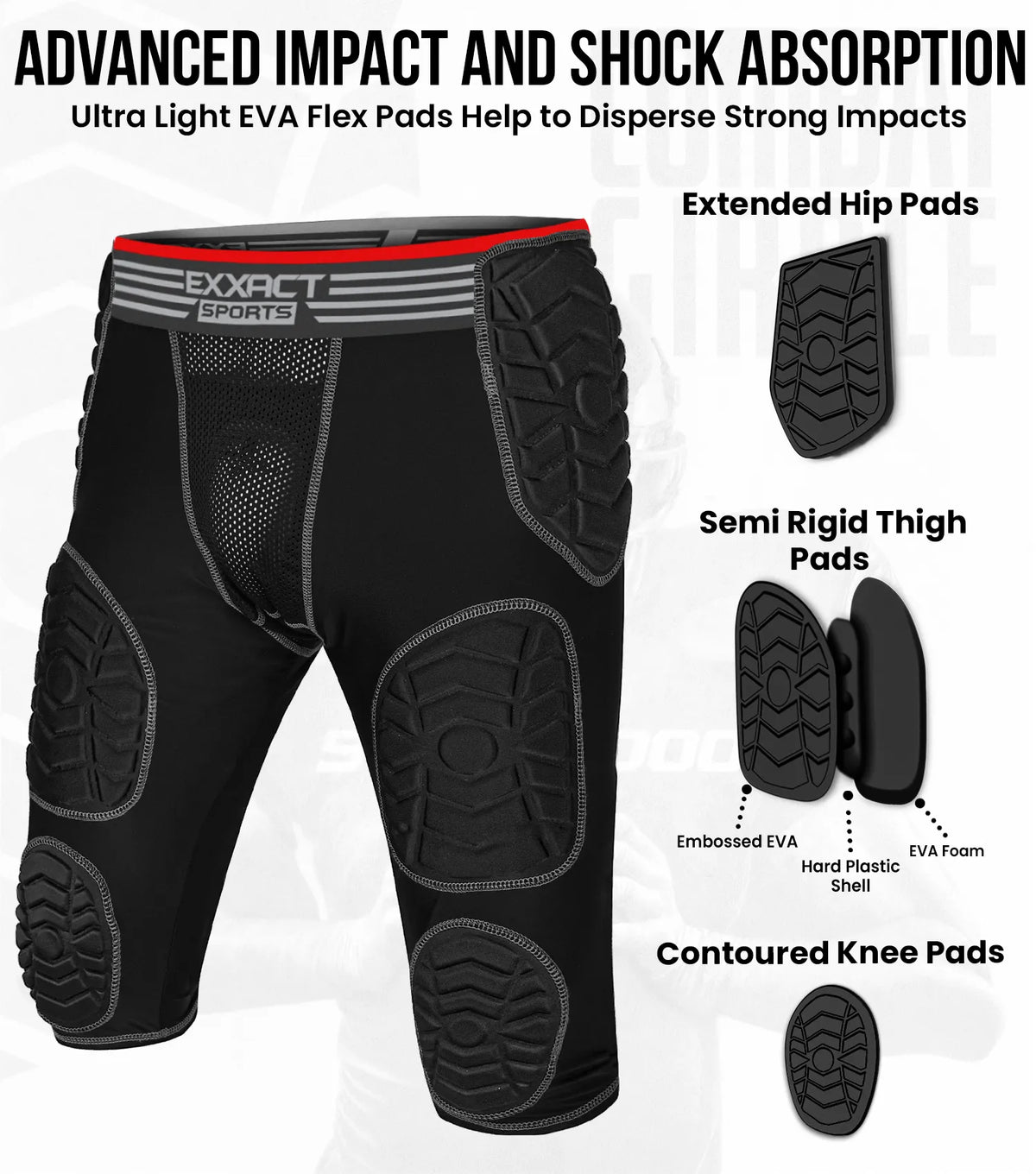 Exxact Sports Combat 7 Pads Men’s Football Girdle with Cup Pocket Adult - Black
