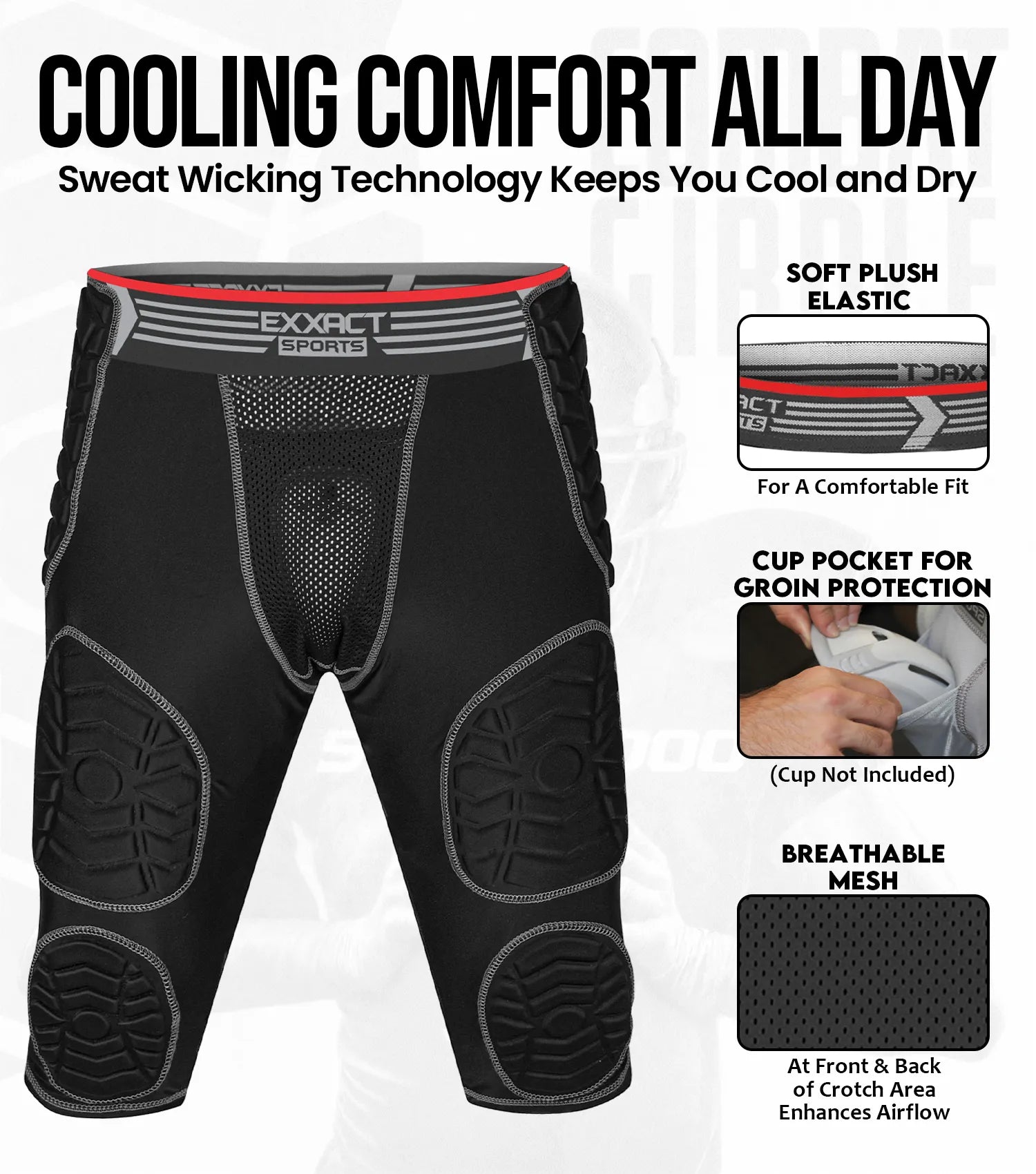 Exxact Sports Combat 7 Pads Men’s Football Girdle with Cup Pocket Adult - Black